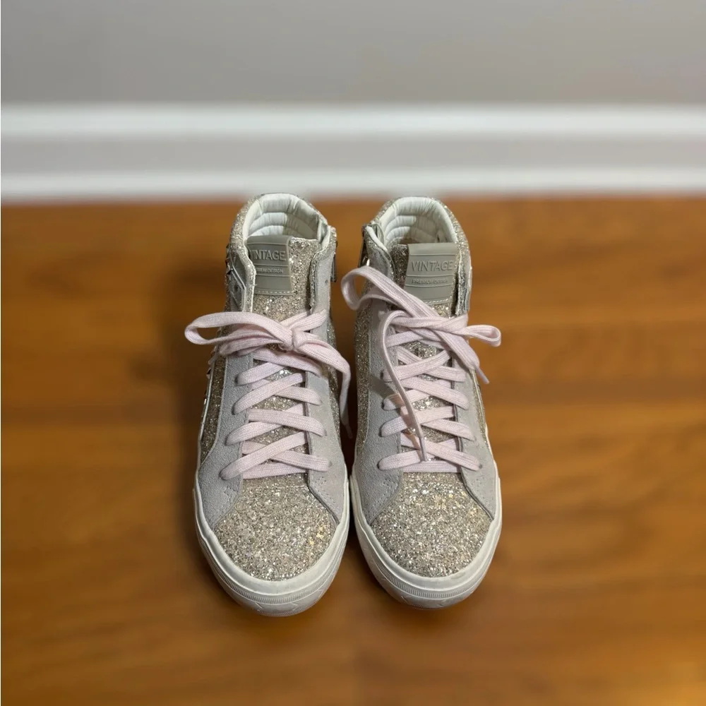 Vintage Havana Hailey High Washed Glitter Sneakers with Star Studs & Pink Laces - Picture 8 of 8